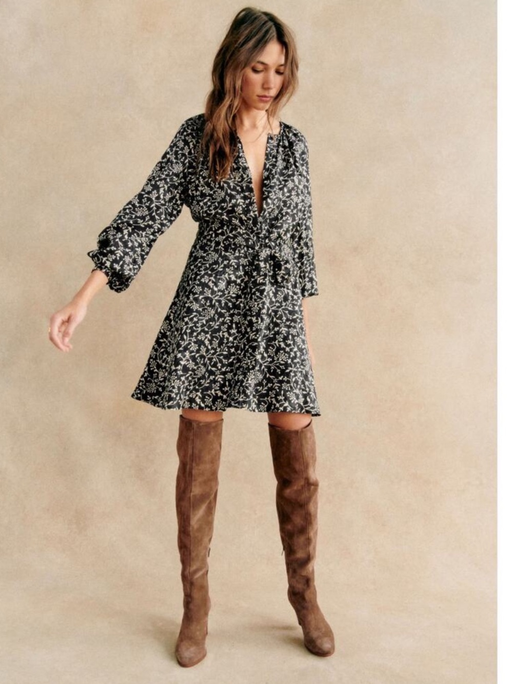 Sézane Merry Mini Dress Black Ivory Floral Button Front Long Sleeve